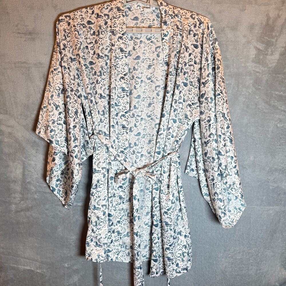 VENUS Womens Kimono Robe Size S Blue White Floral Tie Waist Cover Up